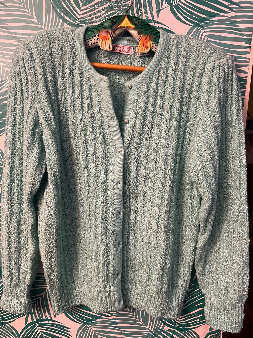 Vintage Lindsay Blake Tiffanys Teal Knit Cardigan Sweater w/pearl buttons L